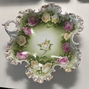 Vintage R C Monbijou Porcelain ruffled edge bowl gold trim hand painted Bavaria